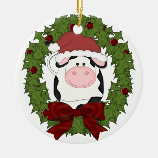 Kute Cow Wreate Kerstfeestdag - sierboom Keramisch Ornament (Voorkant)