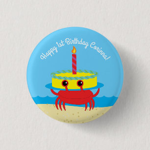 Kute Crab Beach 1st Birthday Party Ronde Button 3,2 Cm