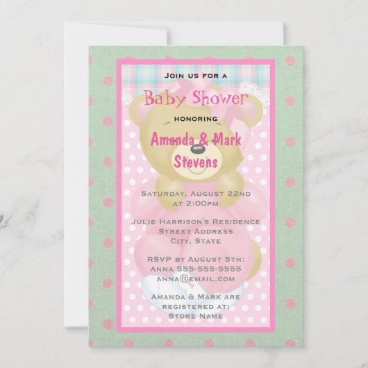 Kute cudly Beer Gedrukt in roze Baby shower Kaart (Voorkant)