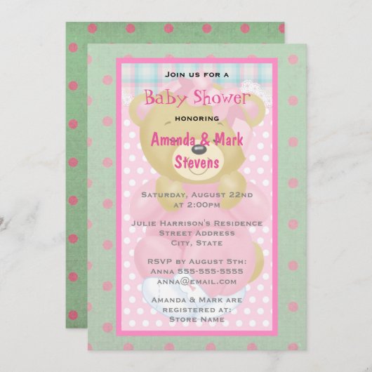 Kute cudly Beer Gedrukt in roze Baby shower Kaart (Voorkant / Achterkant)