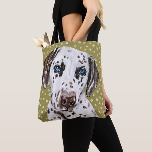 Kute Dalmatian met groen wit ventilator Tote Bag (Dichtbij)