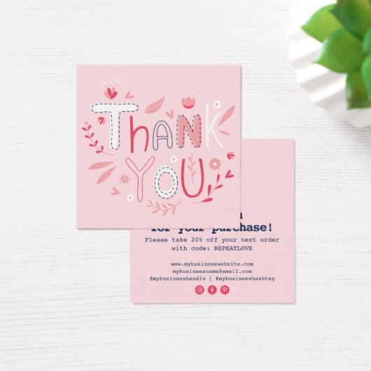 Kute dank u roze florale typografie illustratie vierkante visitekaartjes (Bureau)