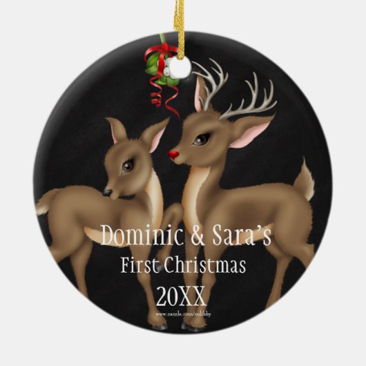 Kute Deer Couple First Kerstversiering Keramisch Ornament (Achterkant)