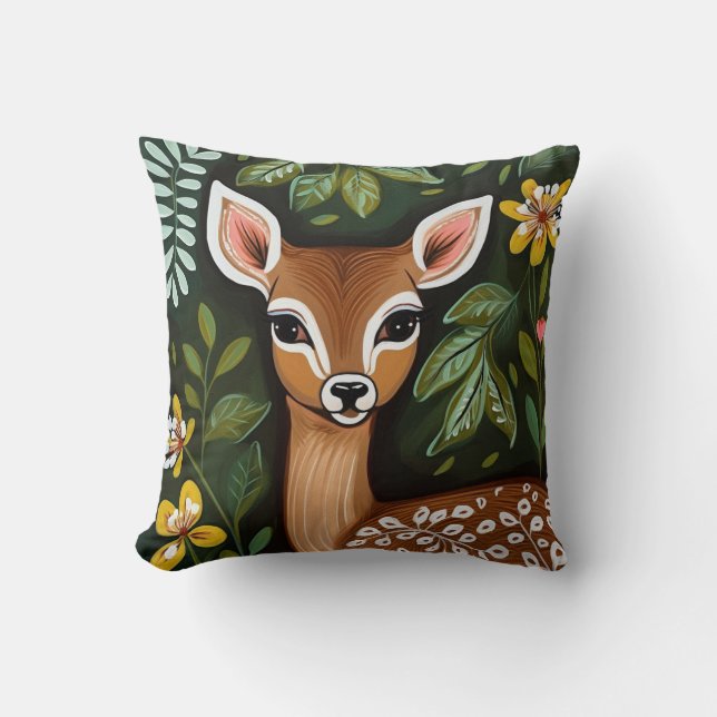 Kute Deer met bladeren en bloemen Kussen (Voorkant)