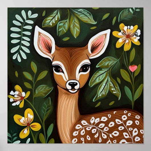 Kute Deer met bladeren en bloemen Poster (Voorkant)