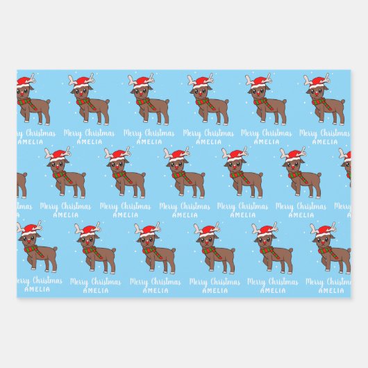 Kute Deer met Kinder blauw papier met kersttaart Inpakpapier Vel (Voorkant 2)