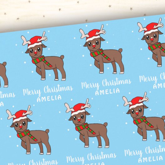 Kute Deer met Kinder blauw papier met kersttaart Inpakpapier Vel