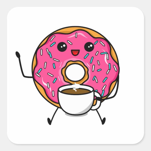Kute donut met koffie vierkante sticker (Voorkant)