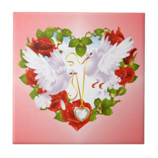 Kute doves, rode rozen, hart tegeltje