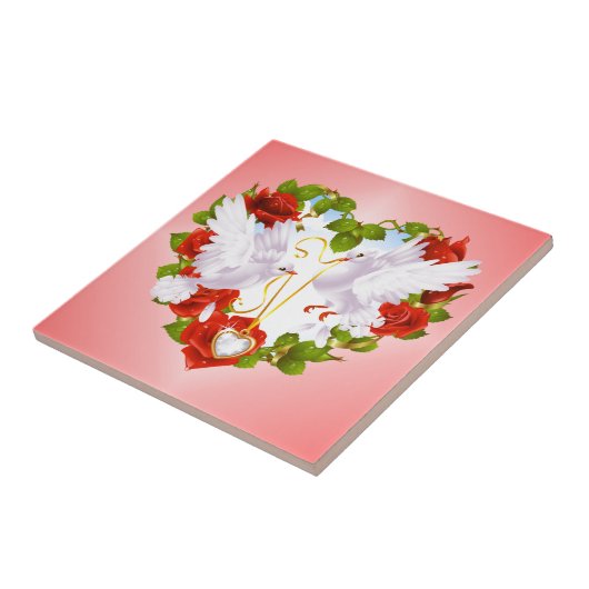 Kute doves, rode rozen, hart tegeltje (Zijkant)