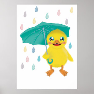 Kute Duck met paraplu in regenboogregen Poster