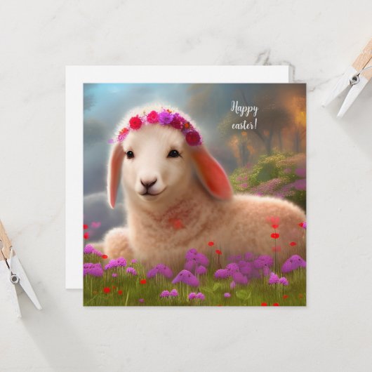 Kute-easter lamb met bloemen - easter kaart (Voorkant / Achterkant in situ)