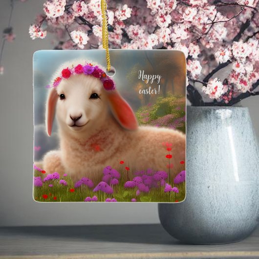 Kute-easter lamb met bloemen - easter keramisch ornament