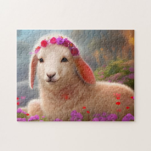 Kute-easter lamb met bloemen - legpuzzel (Horizontaal)
