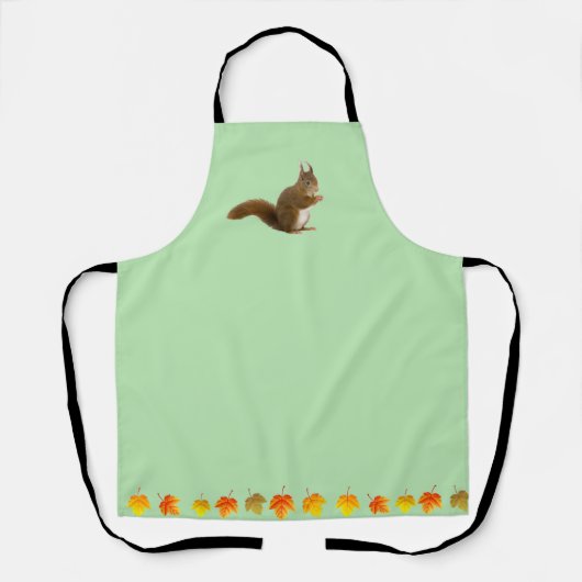 Kute eekhoorn en herfstbladeren op lichtgroen schort (Voorkant)