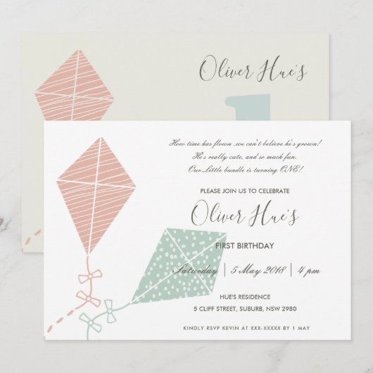 KUTE ELEGANT PINK BLUE KITE KINDER TODDLER BIRTHDA KAART (Voorkant / Achterkant)