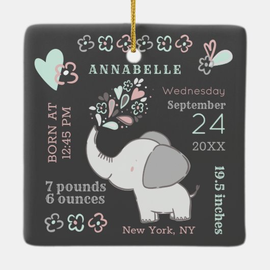 Kute Elephant Birth Stats Baby's Eerste Kerstmis Keramisch Ornament (Achterkant)