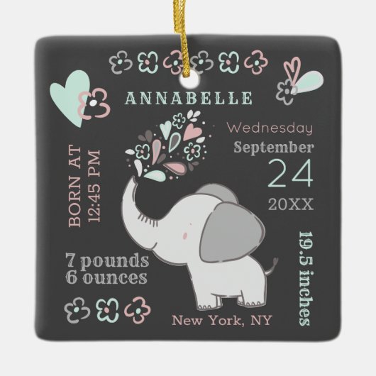 Kute Elephant Birth Stats Baby's Eerste Kerstmis Keramisch Ornament (Voorkant)