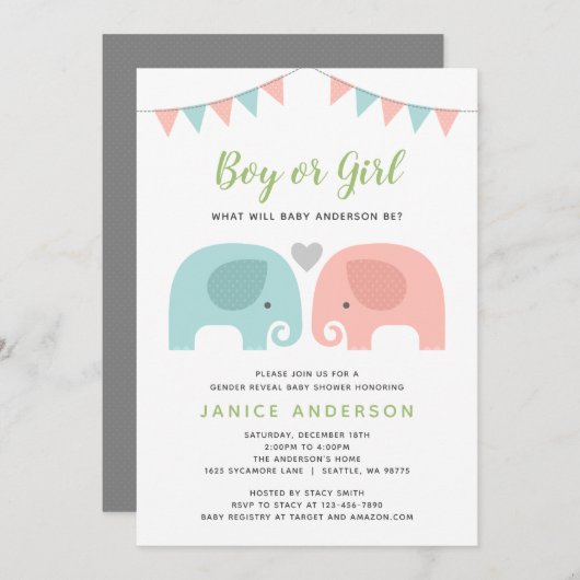 Kute Elephant Gender Reopenbaart Uitnodiging (Voorkant / Achterkant)