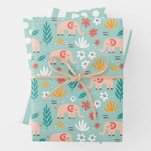 Kute Elephants Wrapping Paper Set van 3 (In situ)