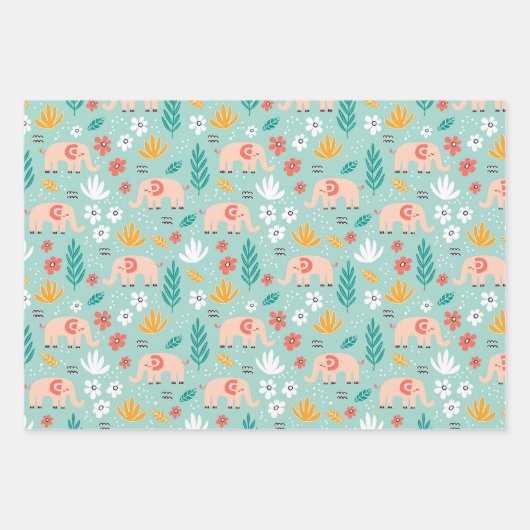 Kute Elephants Wrapping Paper Set van 3 (Voorkant)