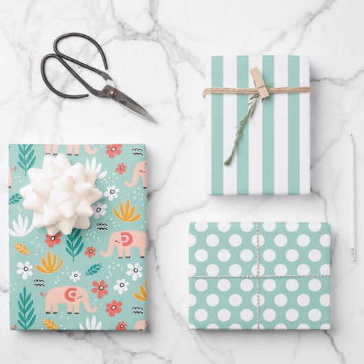 Kute Elephants Wrapping Paper Set van 3 (Voorkant)