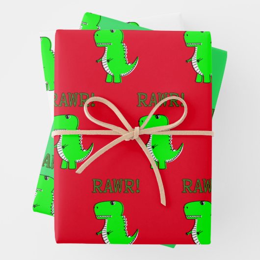 Kute en Angry T-Rex Dino RAWR Wrapping Paper Sheet (In situ)