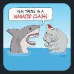 Kute en grappige haai en Manatee Claus Vierkante Sticker<br><div class="desc">Hier is een van mijn oorspronkelijke cartoon design met een grote witte haai die ontdekt dat er een Manatee Claus is. Bedankt dat je dit originele ontwerp hebt gekozen door © Chuck Ingwersen. Ik ben een onafhankelijke kunstenaar en ik post cartoons en strips op mijn populaire Instagram-pagina, waar mijn handvat...</div>