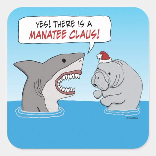 Kute en grappige haai en Manatee Claus Vierkante Sticker (Voorkant)