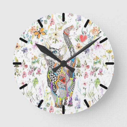 Kute en kleurrijke Floral Cat Wall Clock Ronde Klok (Voorkant)