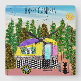 Kute en kleurrijke Happy Camper Square Wall klok