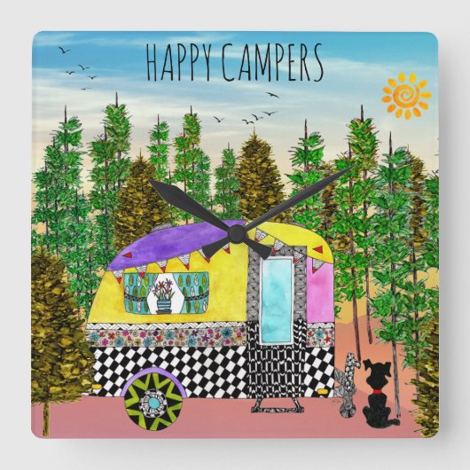 Kute en kleurrijke Happy Camper Square Wall klok (Voorkant)