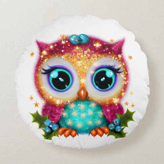 Kute en Schattige Kawaii Baby Owl Rond Kussen (Voorkant)