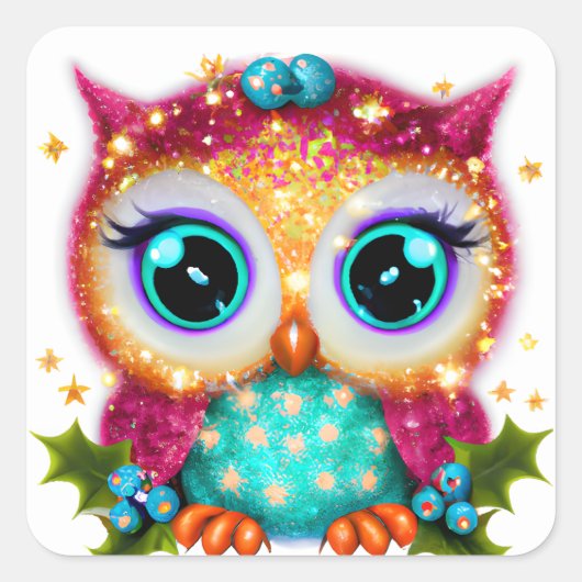 Kute en Schattige Kawaii Baby Owl Vierkante Sticker (Voorkant)