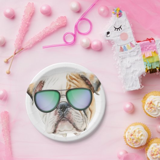 Kute engelse buldog met zonnebril, grappige puppy papieren bordje (Feest)