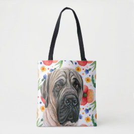 Kute English Mastiff met Red Poppy Flower Pattern Tote Bag