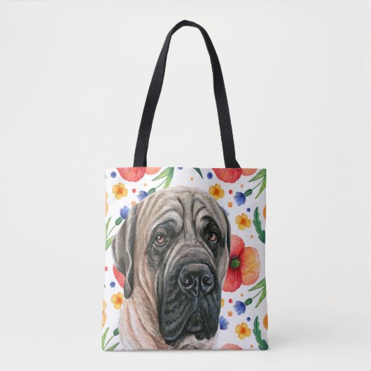 Kute English Mastiff met Red Poppy Flower Pattern Tote Bag (Voorkant)