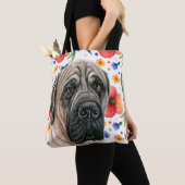Kute English Mastiff met Red Poppy Flower Pattern Tote Bag (Dichtbij)