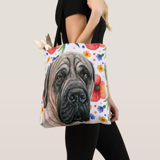 Kute English Mastiff met Red Poppy Flower Pattern Tote Bag (Dichtbij)