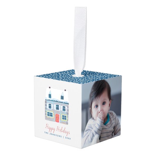 Kute familie Houses blauwe foto Kerstmis Decoratie (Voorkant hoekig)