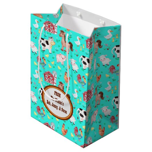 Kute farm Animals Baby shower Blauwgroen Medium Cadeauzakje (Achterkant Gekanteld)