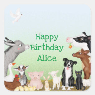 Kute farm animals baby shower square stickers