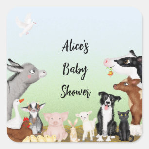 Kute farm animals baby shower square stickers