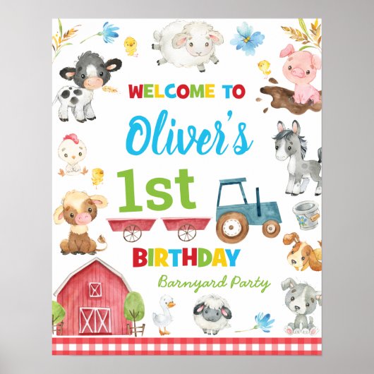 Kute farm animals Barnyard 1st Birthday Welcome Poster (Voorkant)