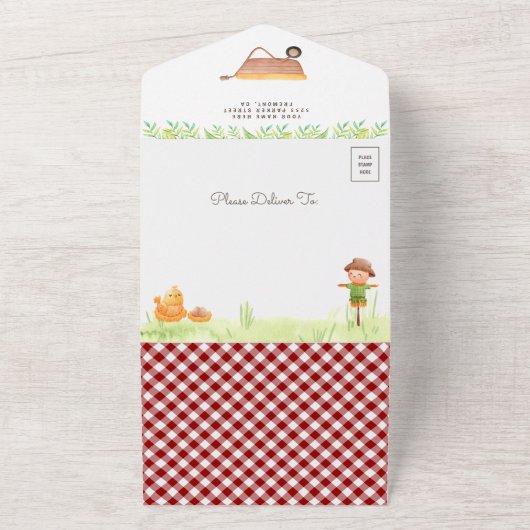 Kute farm Animals Barnyard Baby shower All In One Uitnodiging (Buitenkant)