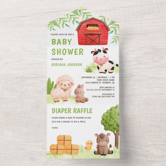 Kute farm Animals Barnyard Baby shower All In One Uitnodiging (Binnen)