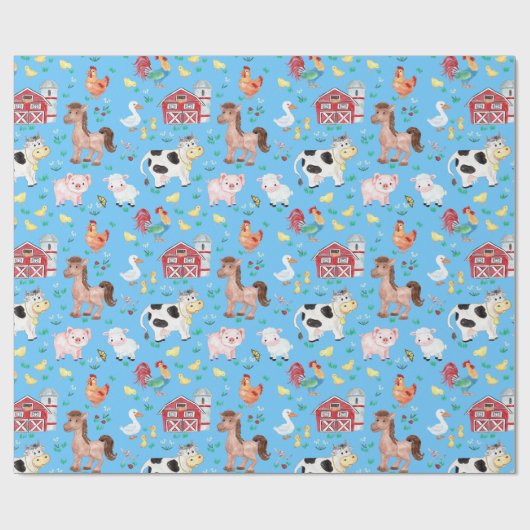 Kute farm animals Barnyard Blue Background Cadeaupapier (Vlak)