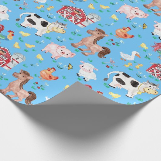 Kute farm animals Barnyard Blue Background Cadeaupapier (Hoek)
