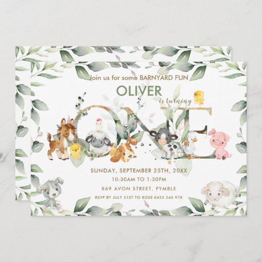 Kute Farm Animals Barnyard Greenery 1st Birthday Kaart (Voorkant / Achterkant)