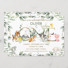 Kute Farm Animals Barnyard Greenery 1st Birthday Kaart